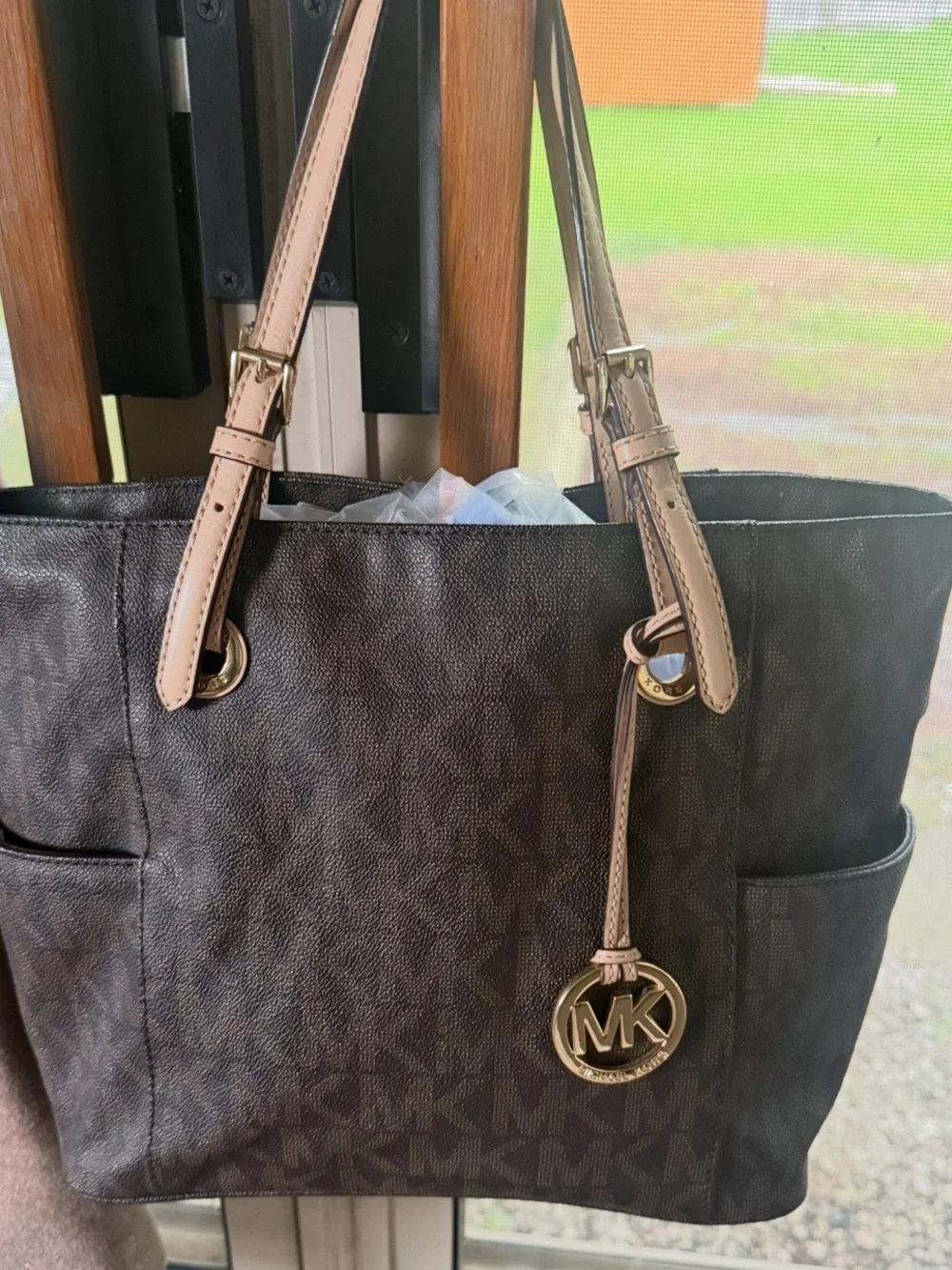 Michael Kors Chocolate MK Logo Tote with Beige Straps